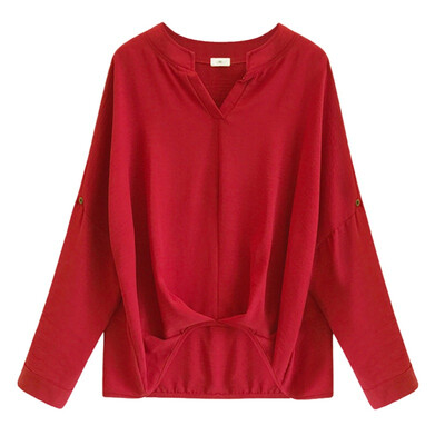 

EFINNY Women Batwing Sleeve Blouse Summer Loose V Neck Tops Solid Long Sleeve Chiffon Shirt Plus Size