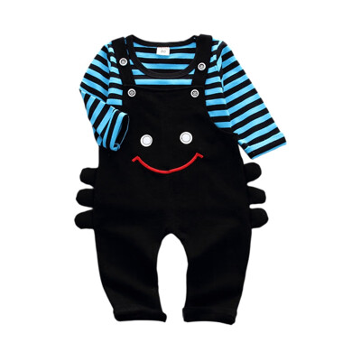 

2pcs Baby Boy Bib Pants Hoodie Suit Long Sleeve Striped Shirt Suspender Straps Cartoon Long Pants Trousers Children New