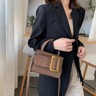 

Women Crossbody Bag PU Leather Solid Color Twin Grab Metal Mini Business Travel Handbag Shoulder Bag