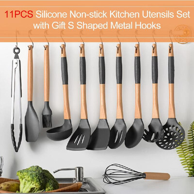 

Kitchen Utensils Set 11Pcs Silicone Non-stick Cooking Utensils Set with Gift  Shaped Metal Hook Silica Gel Utensil Wooden Handle