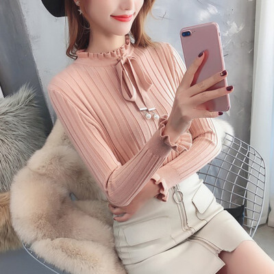 

Women Sweater Autumn Long Sleeve Bow Collar Casual Slim Elegant Sweater Winter Knitted Sweater Lace Up Female Pullover