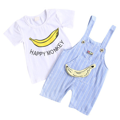 

Kids Girls Short Sleeve T-shirt Summer with Banana Print Stripe Strap Pants 2 Pcs Outfits Set Cotton Casual Cute Sets