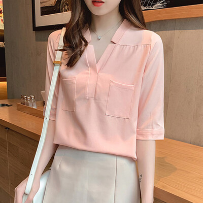 

Womens Loose Pockets V-Neck Half Sleeve Office Lady Chiffon Pullover Sun Protection Blouse