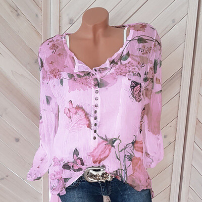 

Summer Fashion Women Beautiful Chiffon Long Sleeve Printed Tops Casual T-shirts