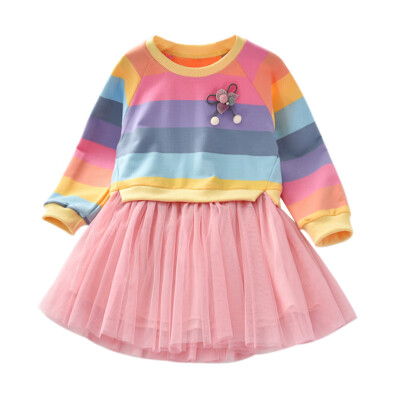 

Autumn Casual Baby Girls Long Sleeve Rainbow Striped Pattern Patchwork Mesh Dress Kids Dresses