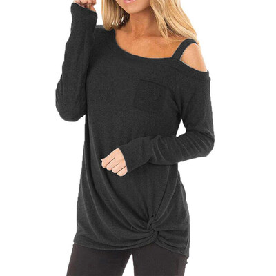 

Women Loose Solid Color Twist Knot Off Shoulder Long Sleeve T-Shirt Tunic Top