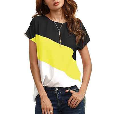 

Fashion Women Round Collar Summer Color Matching Loose Short Sleeve Casual Simple Wild T-Shirt