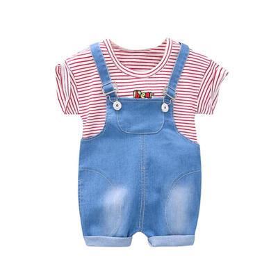 

Summer Baby Boys Girl Short Sleeve Stripe Print Tops T-ShirtsStrap Short Pant Casual Outfits Sets 6M-4T