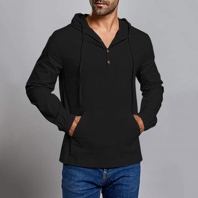 

Toponeto Mens Loose Cotton Blend Solid Color Hooded Button Long Sleeve Shirt Tops Blouse