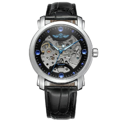 

Winner 005 Business Men Mechanical Watch Time Display Fashion Casual Stainless Steel Leather Strap Bracelet 3ATM Waterproof Self-W