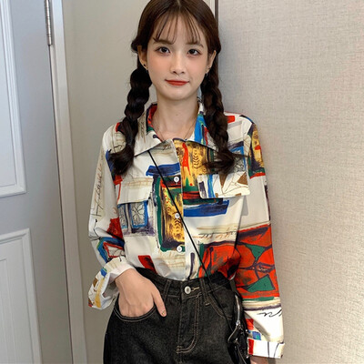 

Spring Autumn Women Clothe Vintage Graffiti Print Long-sleeved Casual Shirt Korean Style Kawaii Blouse
