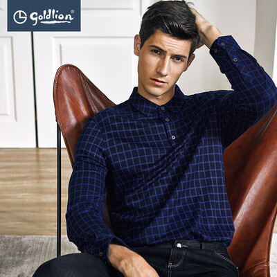 

Goldlion Goldlion Autumn New Mens Warm Comfort Plaid Lapel Business Casual Long Sleeve T-Shirt Blue