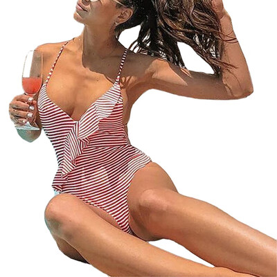 

Womens Sexy Ruched Stripe One Piece Swimsuit Slimming Bathing Suit Sexy Retro Swimwear Beach Holiday 2019
