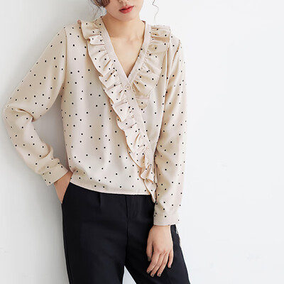 

2019 Autumn New Simple Wave Point Shirt Chic Ruffled Stitching V-neck Temperament Loose To