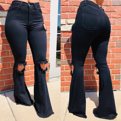 

Tailored Fashion Women Jeans Denim Hole Female Mid Waist Stretch Slim Flare Pants
