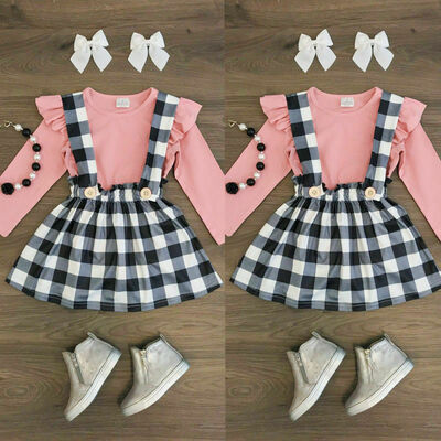 

Sweet Toddler Baby Girls Plaid Tops T-shirt Suspender Skirt Dress Outfit Clothes
