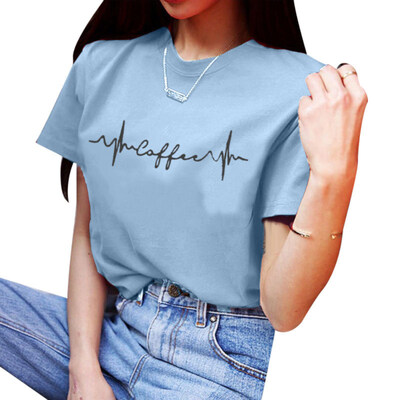 

Coffee Letter Print Solid Color Short Sleeve T-Shirt Women Summer Casual Tee Top