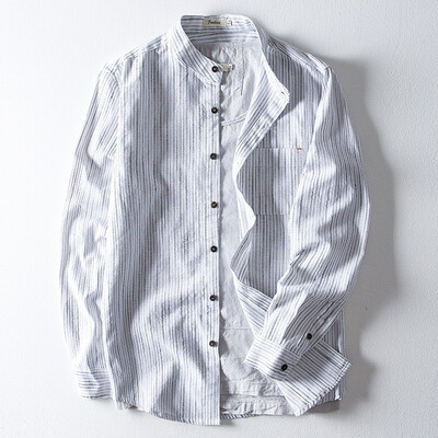 

Toponeto Mens Casual Ethnic Style Cotton Linen Stripe Long Sleeve Shirt Blouse Tops