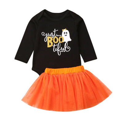 

Autumn Baby Toddler Kids Girl Clothes Set 2019 Halloween Costumes Cute Letters Print RomperMesh Skirts Clothes 2pcs Outfits Set