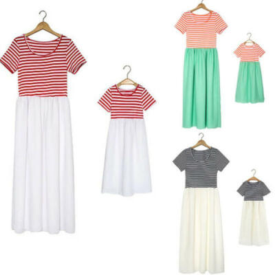 

Mother&Daughter Boho Stripe Dress Matching Women Girls Casual Family Clothes