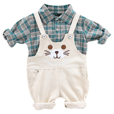 

Cute Baby Boy Clothes 2pcs Autumn Outfits Long Sleeve Plaid Print Shirt BlouseCartoon Strap Overalls pants Casual Sets