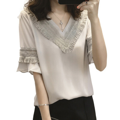 

Plus Size Women Blouse&Tops Summer Top Casual Loose Half Sleeve Solid Lace V-neck Chiffon Blouses Female Shirts Blusa