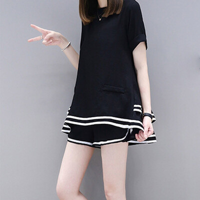 

Summer Women Set Two Piece Set Fashion O-Neck Top Shorts Loose Black White Plus Size Women Sets