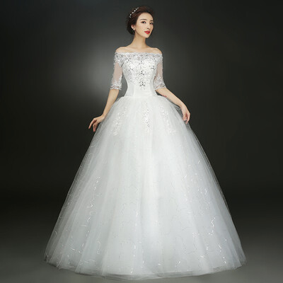 

Elegant Boat Neck Wedding Dress Half Sleeve Ball Gown Lace Embroidery Diamond Bridal Wedding Dresses Plus Size