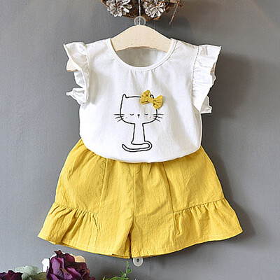 

Hot Summer Fashion Korean Version Cute Cat Bow Short Sleeved T-shirt Solid Color Shorts Kids Clothing Set 2 Colors