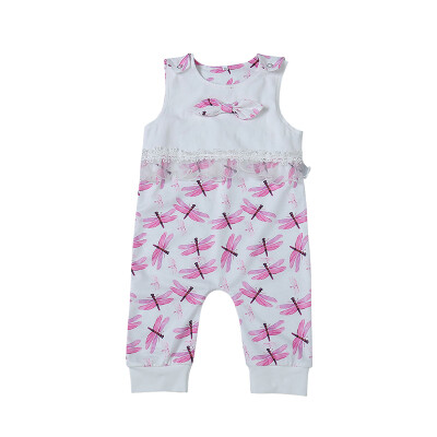 

Baby girl romper in summer cartoon pink dragonfly printed knot-bow sleeveless cotton infant romper for 0-24M