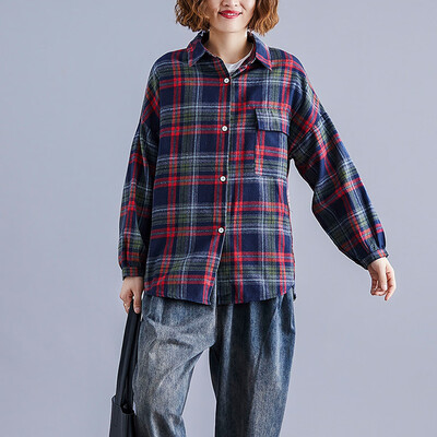 

Tailored Womens Button Down Long Sleeve Shirt Plaid Cotton Linen With Pocket Blouse Top