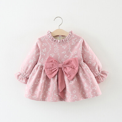 

Baby Dress 0-3T New Autumn Baby Girls Long Flare Sleeve Floral Print Dress With Bowknot Kids Princess Thicken Pageant Dresses