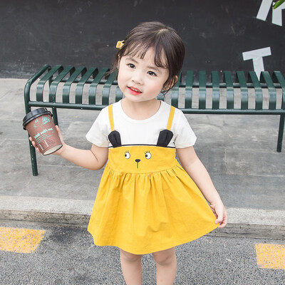 

Summer Girls Dress Cute Cartoon Ear Fake Two Piece Baby Girls Dress Beach Short Sleeved Sweet Princess Dress