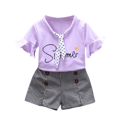 

Girl Shorts Set Summer Children Baby Girls Casual Flare Sleeve Tops Letter Print T-shirtShorts Suits Costume Set