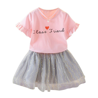 

Kids Girls Casual Short Sleeve Costume Set Summer Letter Print T-shirtMesh Skirts Suits 2Pcs Princess Dress