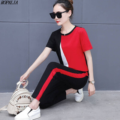 

Womens Summer Fashion O-Neck Color Block Top And Ankle-Length Pockets Elastic Waist Pants 2 Pieces Set