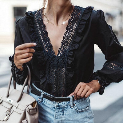 

Women Blouse Crochet Lace Splicing Deep V Necline Flare Sleeve Hollow Out Ruffle Elegant Sexy Tops
