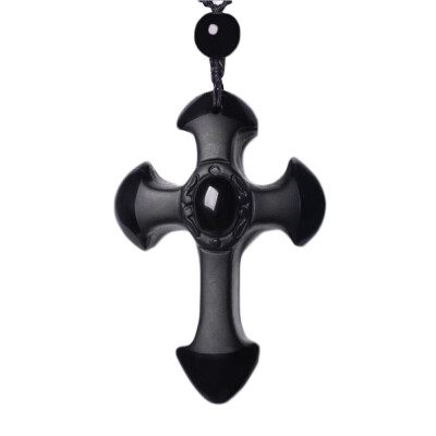 

1 Pcs Nice Natural Black Obsidian Carved Cross Lucky Pendant Free Beads Necklace