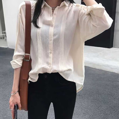 

Simple Women Blouse Vintage Solid Color Sweet Lapel Shirt Loose Single-breasted Long Sleeve Blouse Blusas Mujer De Moda