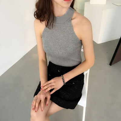 

Women Korean Halter Sleeveless High Neck Hanging Neck Knitted Tank Top Slim