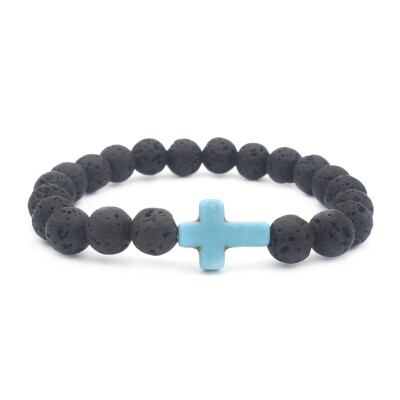 

8mm Lava Stone Beads Turquoise Cross Elastic Bracelet Essential Oil Perfume Diffuser Bracelet