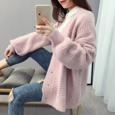 

Sweater Jacket Female Korean Version Of The Loose Simple Fashion Long Section Cardigan Was Thin V-Neck Single-Breasted