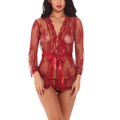 

Bandage Robe Sexy Lingerie Lace Embroidery Translucent Costume Sexy Babydoll Bathrobes Sleepwear Underwear 2018 Hot Sale
