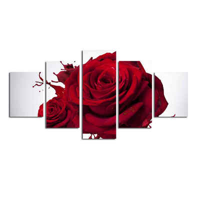 

5 Panels Flower Painting Bright Red Rose Print on Polyester Floral Bud Wall Art for Bedroom Decoration