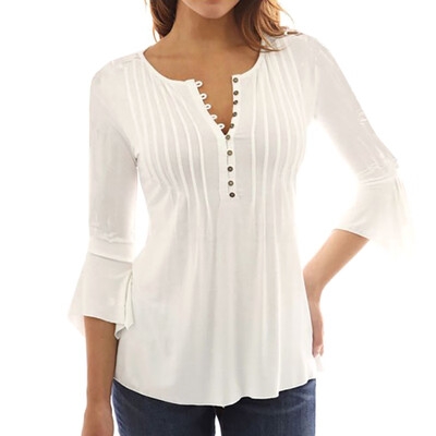 

2019 European&American Womens Tee Trumpet Sleeve V-neck Pleated Solid Color Ladies Fall Clothes T-shirt