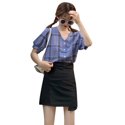 

Women Blouse Plaid Print Blouse Tops V-Neck Button Up Tops Short Sleeve Shirt preppy style Summer Womens Fashion Fresh Style