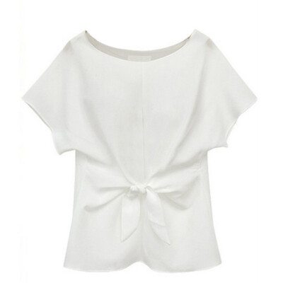 

Women Short Sleeves O-Neck Lace Up Bowknot Solid Chiffon Blouse Shirt Casual Slim Wild Womens Tops And Blouses Plus Size 2XL