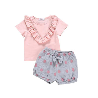 

New Baby Girls Short Sleeve Solid Print T-shirt BlouseDot Print Shorts Suits Casual Outfits Summer Sets