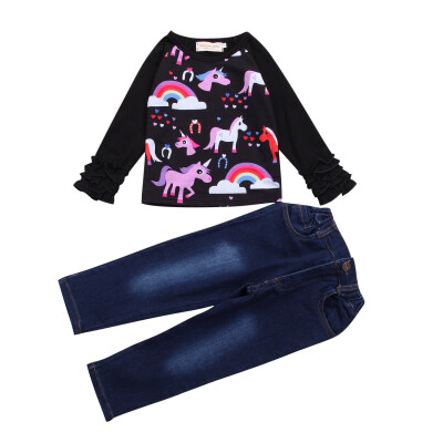 

2PCS Kids Girls Long Sleeve Unicorn Top Denim Jean Pant Sets Clothes Outfits 1-7years