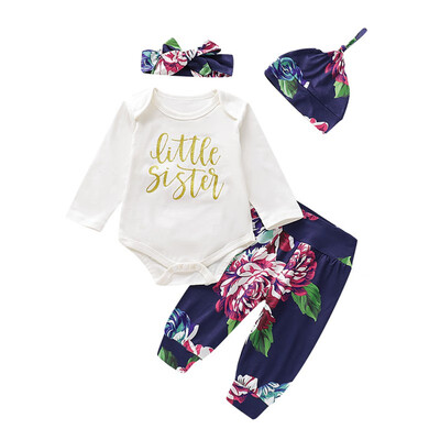 

Newborn Baby Girls Clothes Set Spring Autumn Toddler Infant Girl Clothing Print Rompers Headband Hat Pants 4PCS Outfits Set